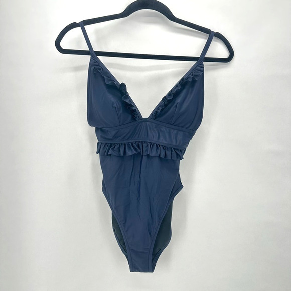J. Crew Ruffle Deep-V One‎ Piece Swimsuit Size 4 Blue Padded Beach Preppy Pin Up - Picture 11 of 11